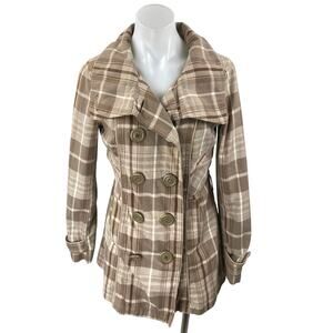 DKNY Brown Tan Plaid Checkered Double Breasted Long Sleeve Trench Coat Jacket M